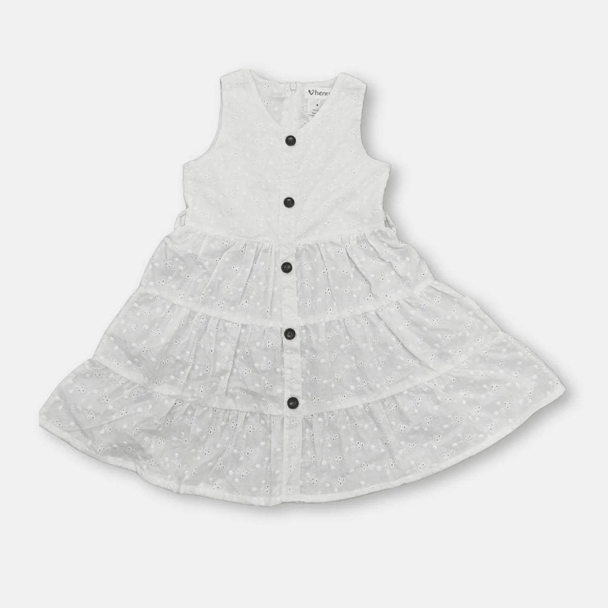 Love Henry Girl's Alice Dress. A sleeveless white dress with a V-neck, buttons down the front, and an A-line gathered skirt, designed for girls.