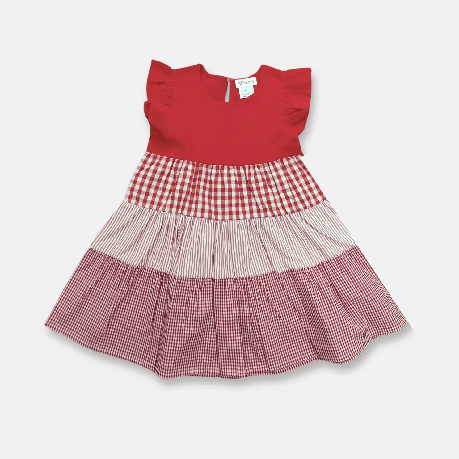 Love Henry Girl's Ivy Dress. A girl's red dress with red and ivory checkered and gingham patterns, designed with a round neckline and short sleeves.