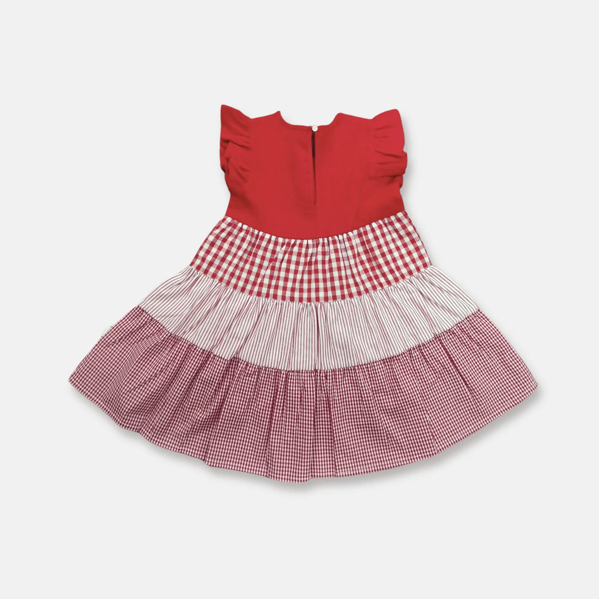 Love Henry Girl's Ivy Dress. A girl's red dress with red and ivory checkered and gingham patterns, designed with a round neckline and short sleeves.