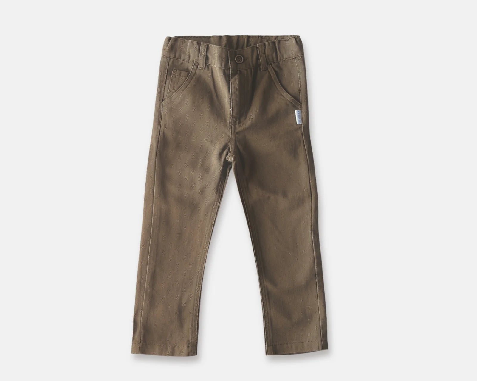 Love Henry Boy's Chino Pants. A pair of brown chino pants for boys laid flat on a white background.