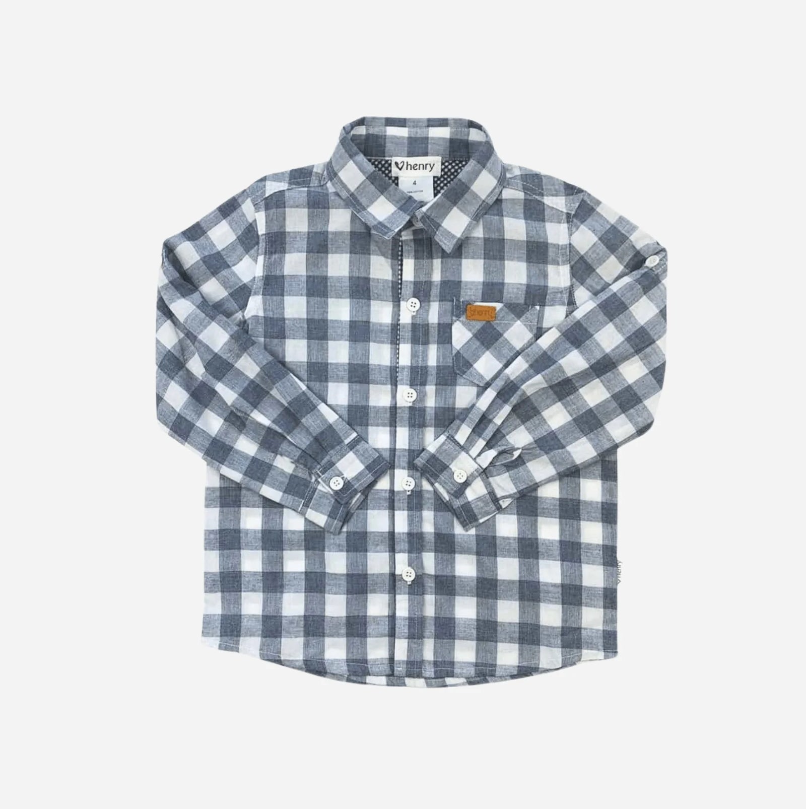 Love Henry Boy's Dress Shirt. Blue and white checkered shirt on a light gray background