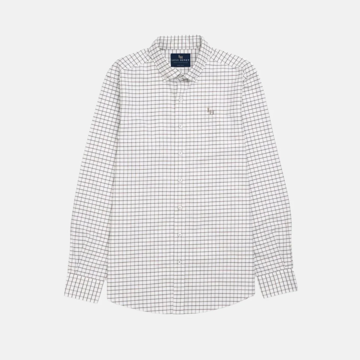 Love Henry Boys Oxford Shirt - Tan Check. Checkered shirt with brand logo on a light gray background