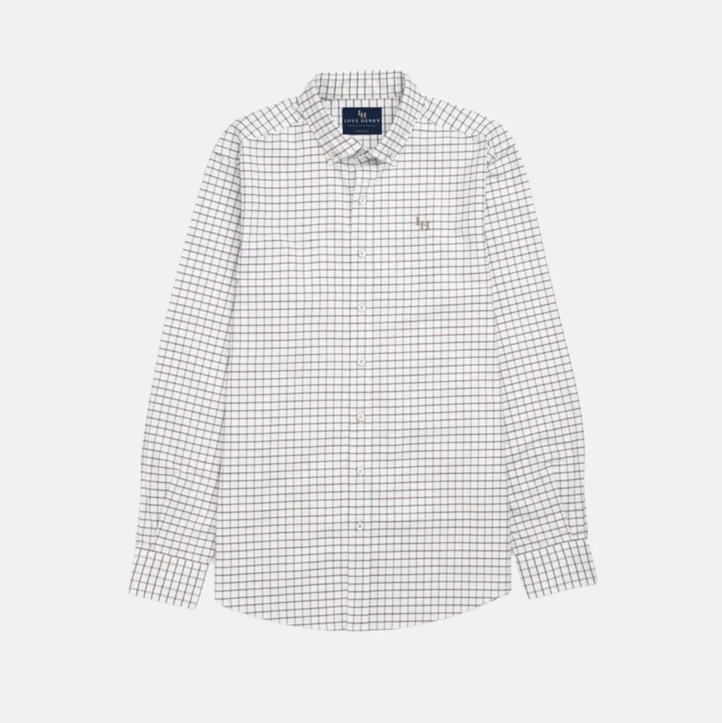 Love Henry Boys Oxford Shirt - Tan Check. Checkered shirt with brand logo on a light gray background