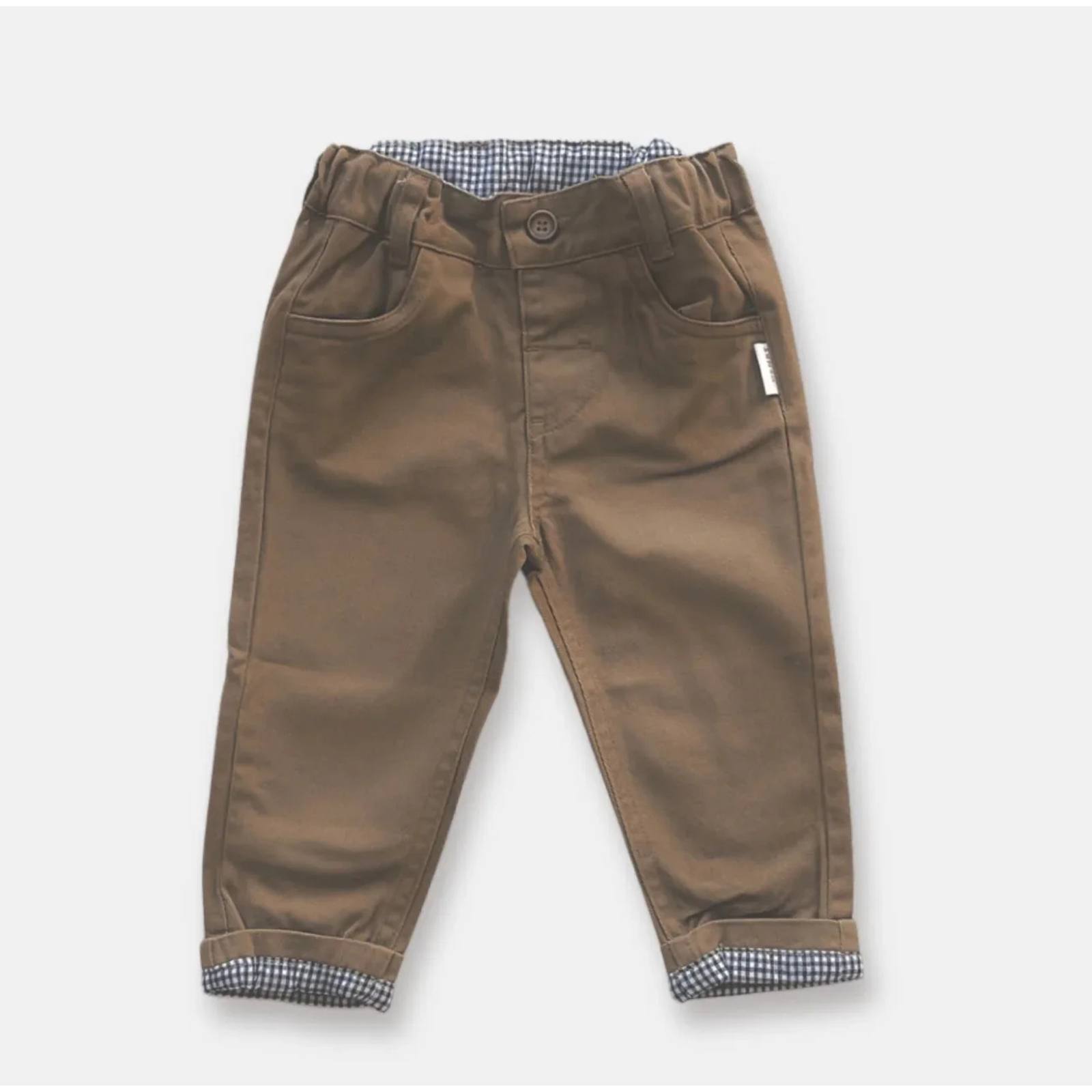 Love Henry Baby Boy's Chino Pant. Brown pants with plaid lining on a white background