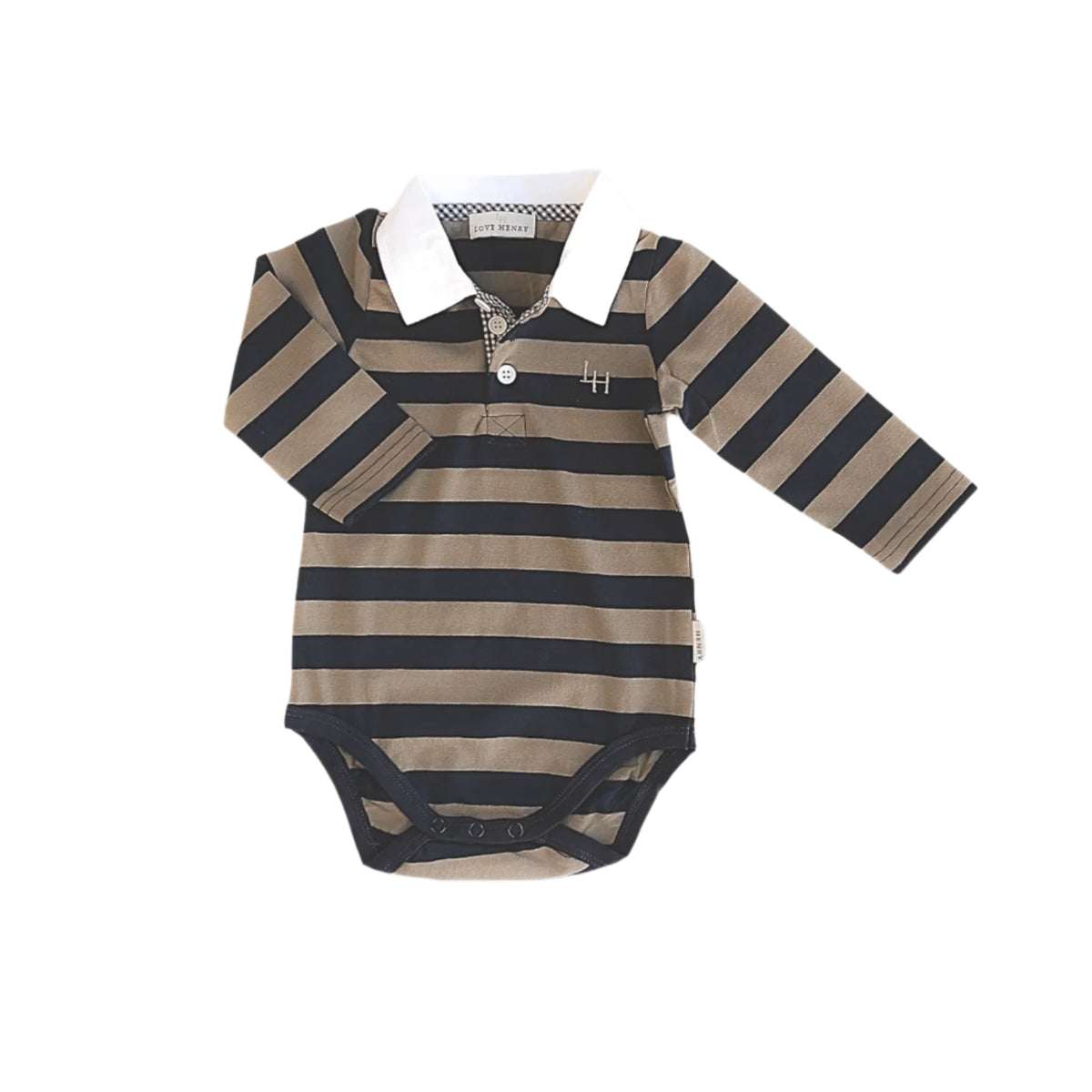 Love Henry Freddie Baby Boys Polo Romper. Striped baby romper with long sleeves on a white background