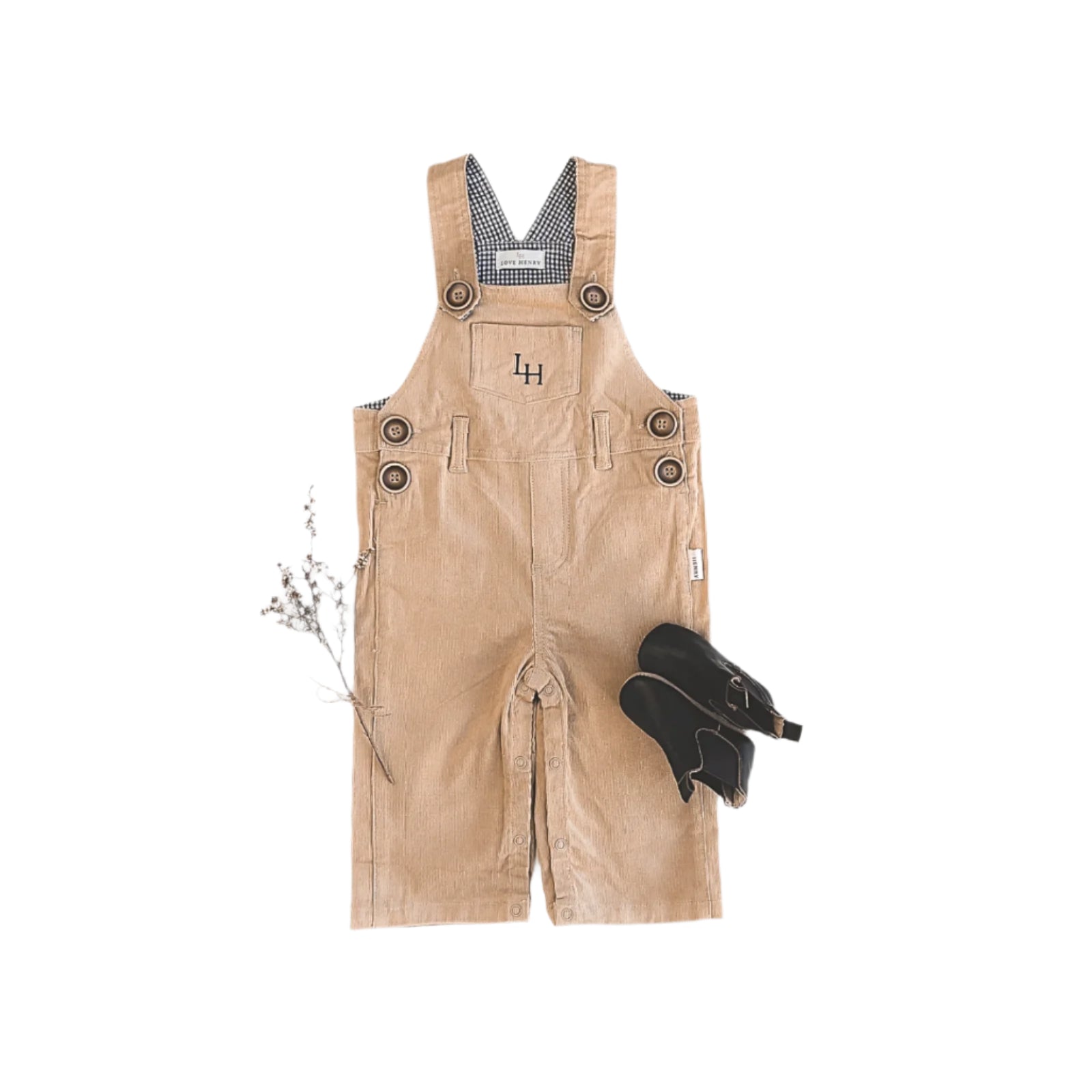Love Henry Baby Boy's Roy Dungaree. Beige overalls with plaid shirt on a white background