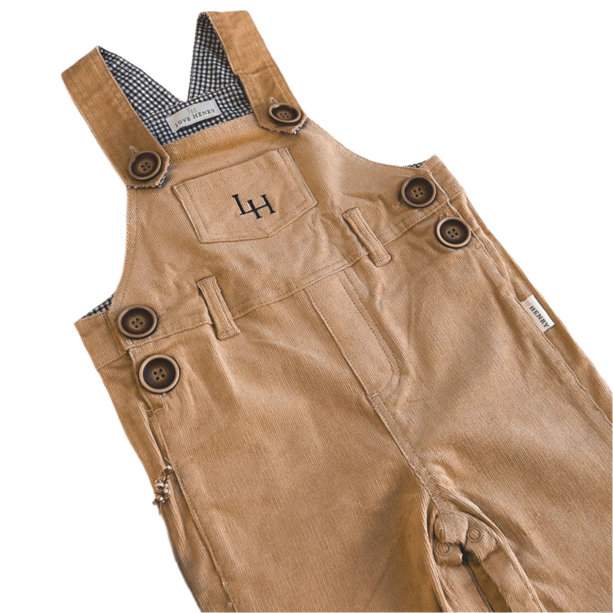 Love Henry Baby Boy's Roy Dungaree. Brown overalls with button details on a white background