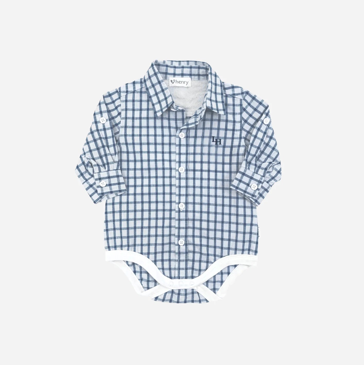 Love Henry Baby Boys Oxford Shirt Romper - Blue Check. Blue checkered baby shirt on a white background