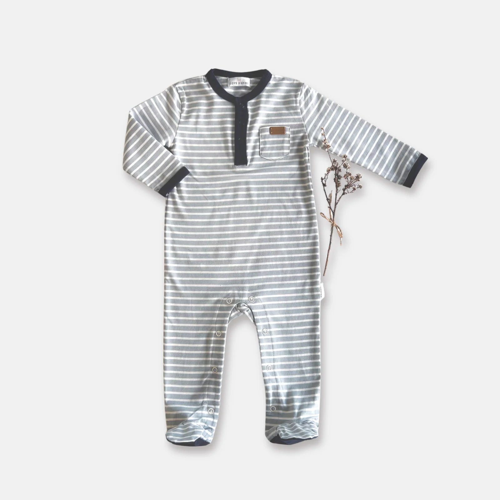 Love Henry Baby Boy's Winter Onesie. Striped onesie with a pocket on a white background