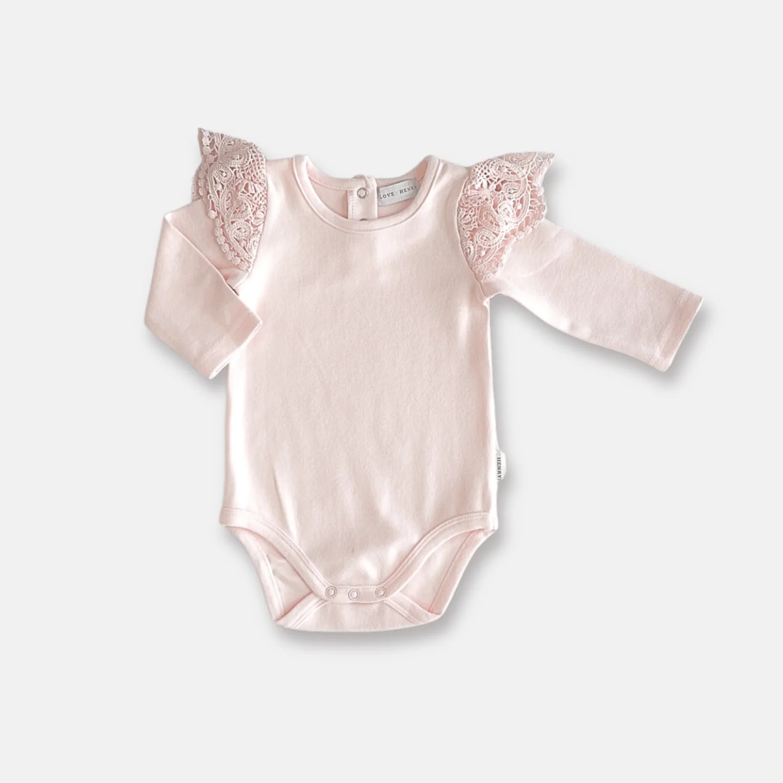 Love Henry Baby Girl's Lace Sleeve Romper. Pink baby bodysuit with lace sleeves on a white background