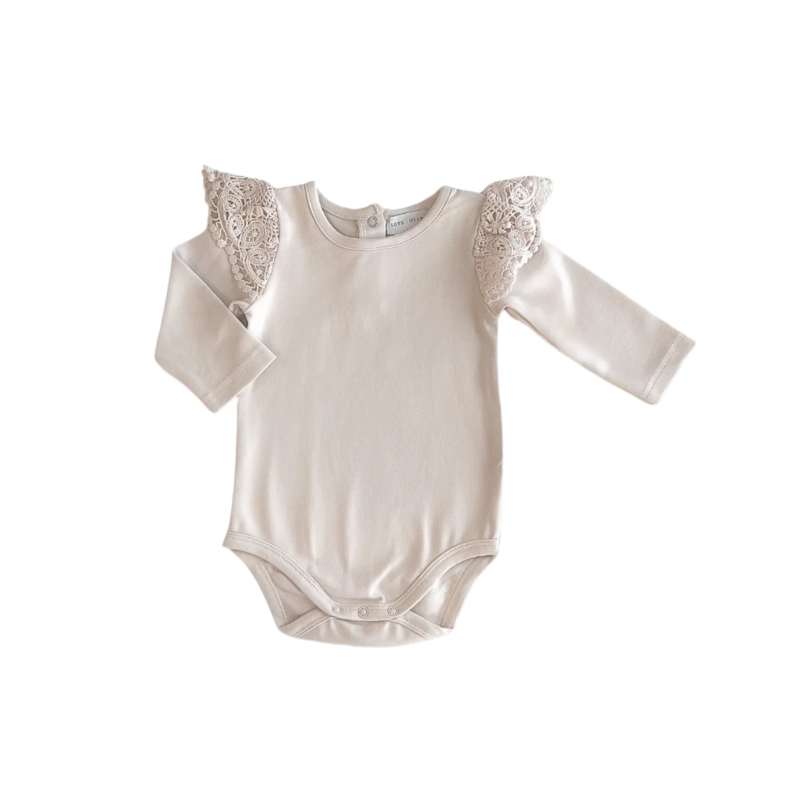 Love Henry Baby Girl's Lace Sleeve Romper. Beige baby bodysuit with lace shoulders on a white background