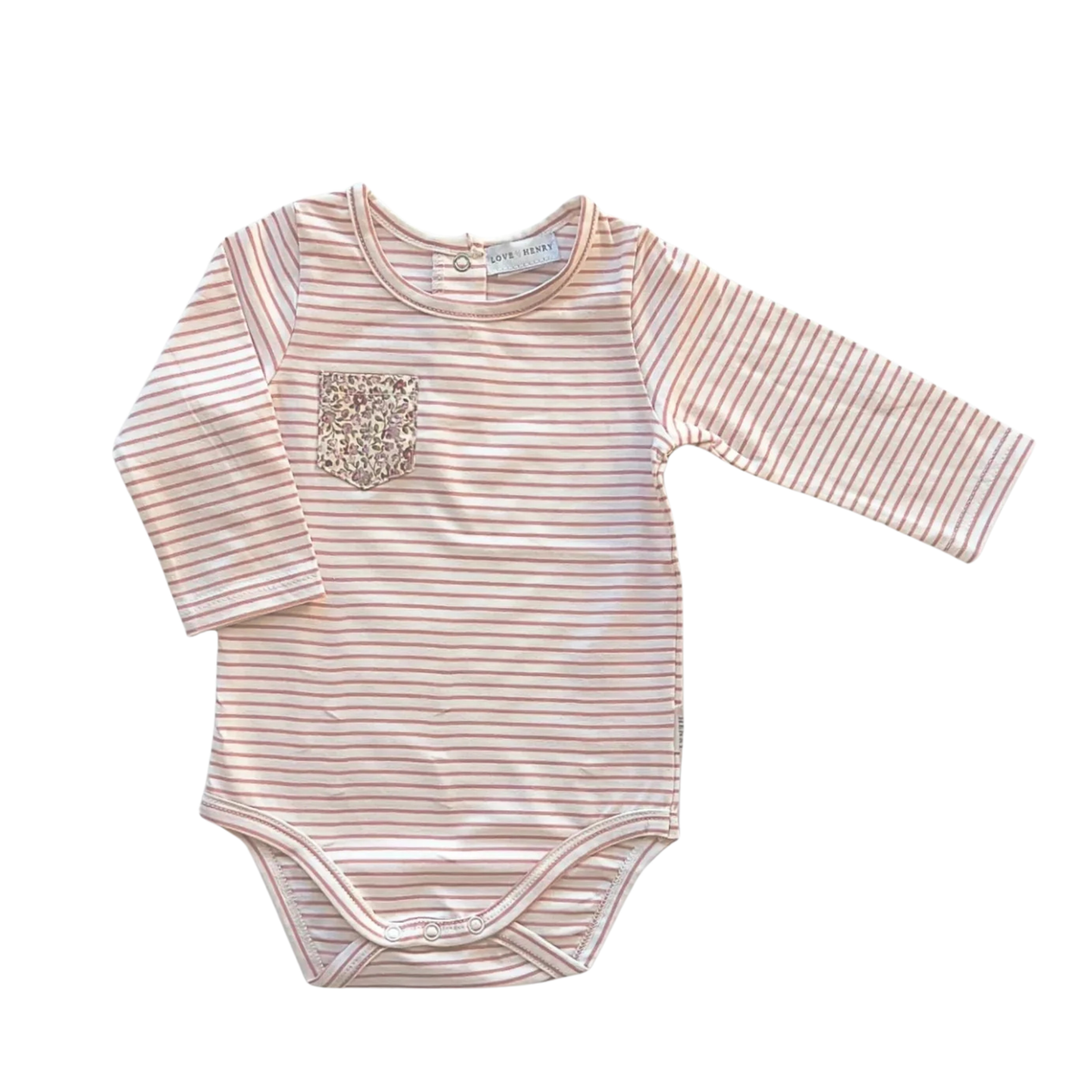 Love Henry Baby Girl's Knit Romper. Striped baby bodysuit with a pocket on a white background
