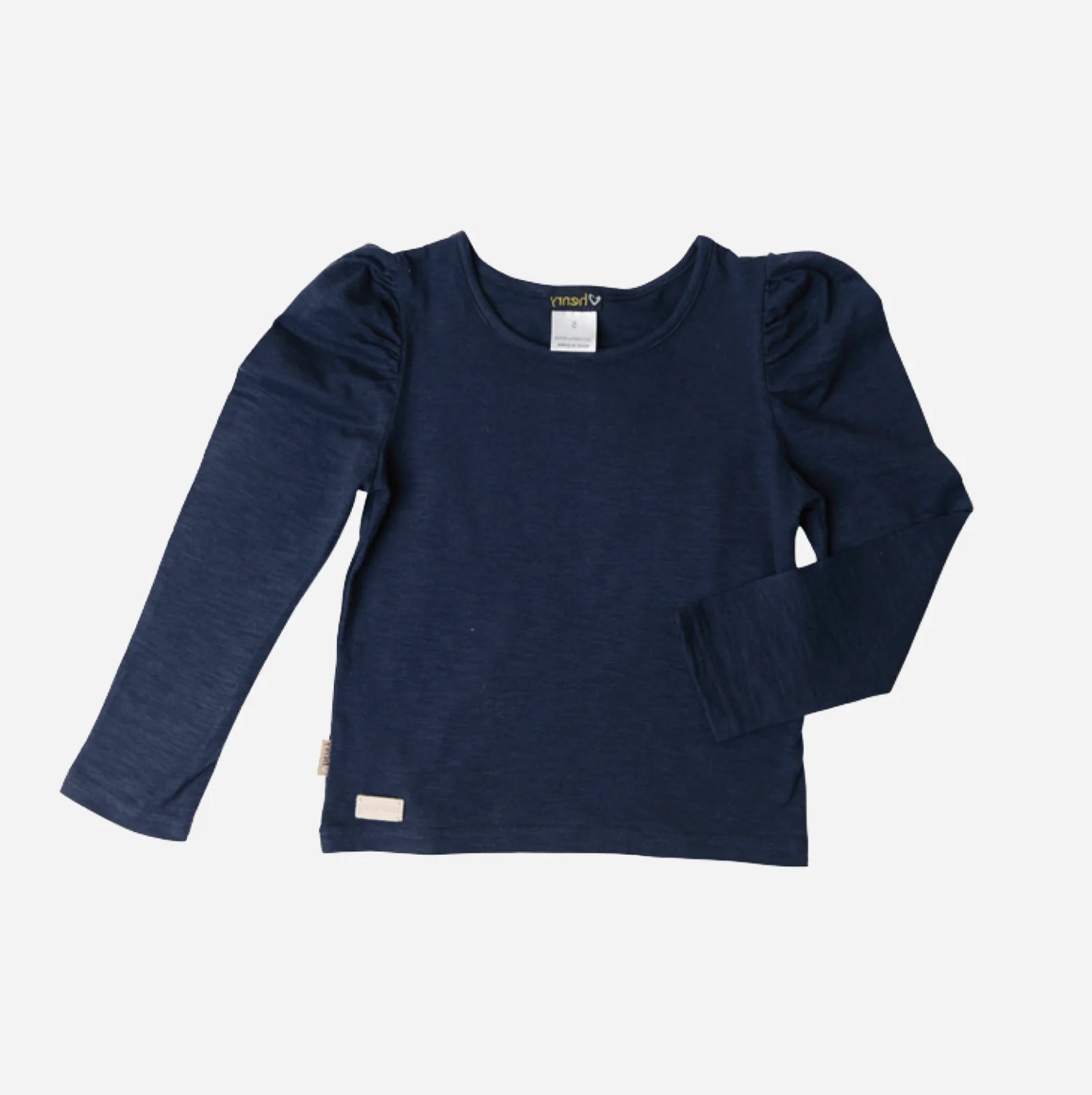 Love Henry Girl's Puff Sleeve Knit Top. Navy blue long-sleeve shirt on a white background