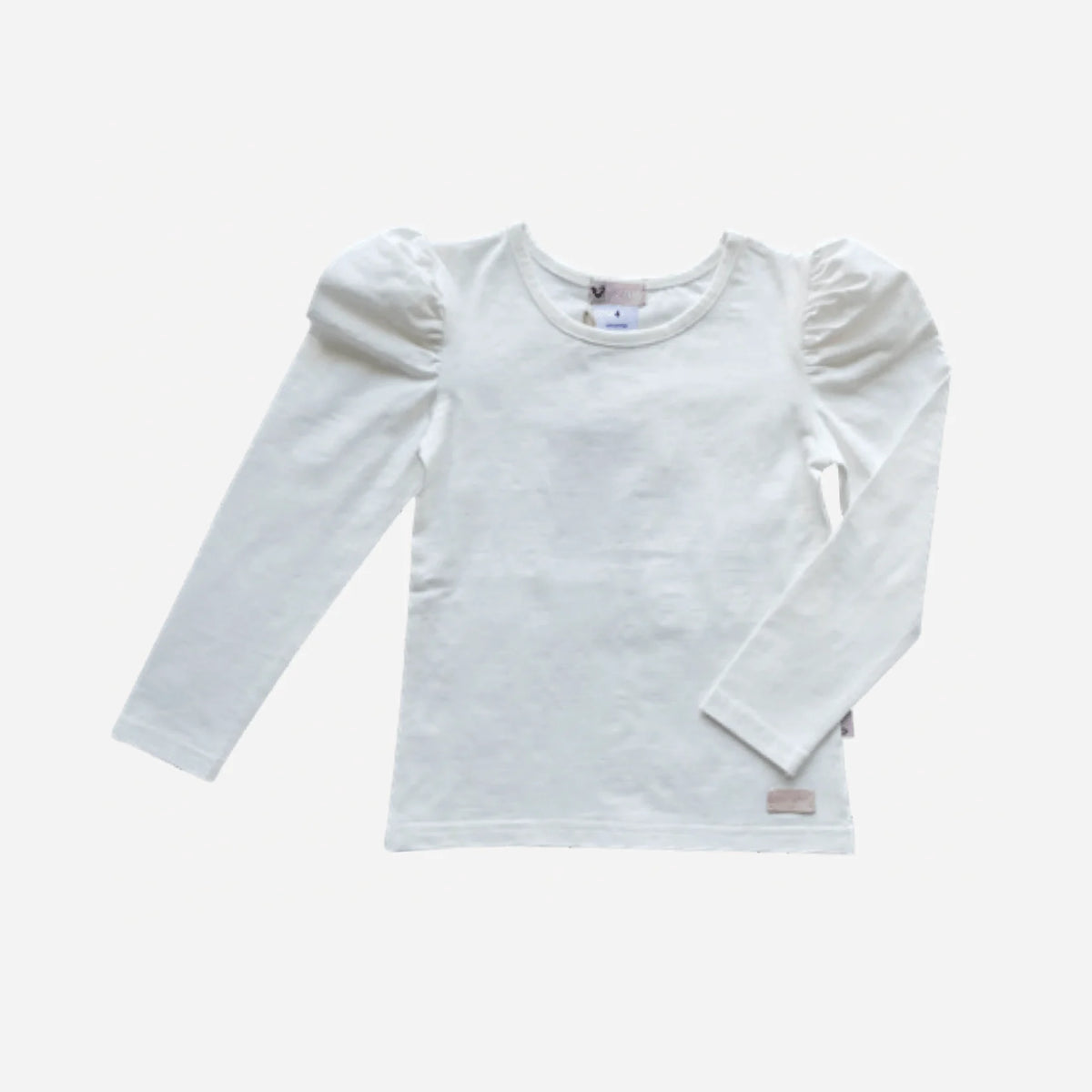 Love Henry Girl&#39;s Puff Sleeve Knit Top. White long-sleeve shirt on a light beige background