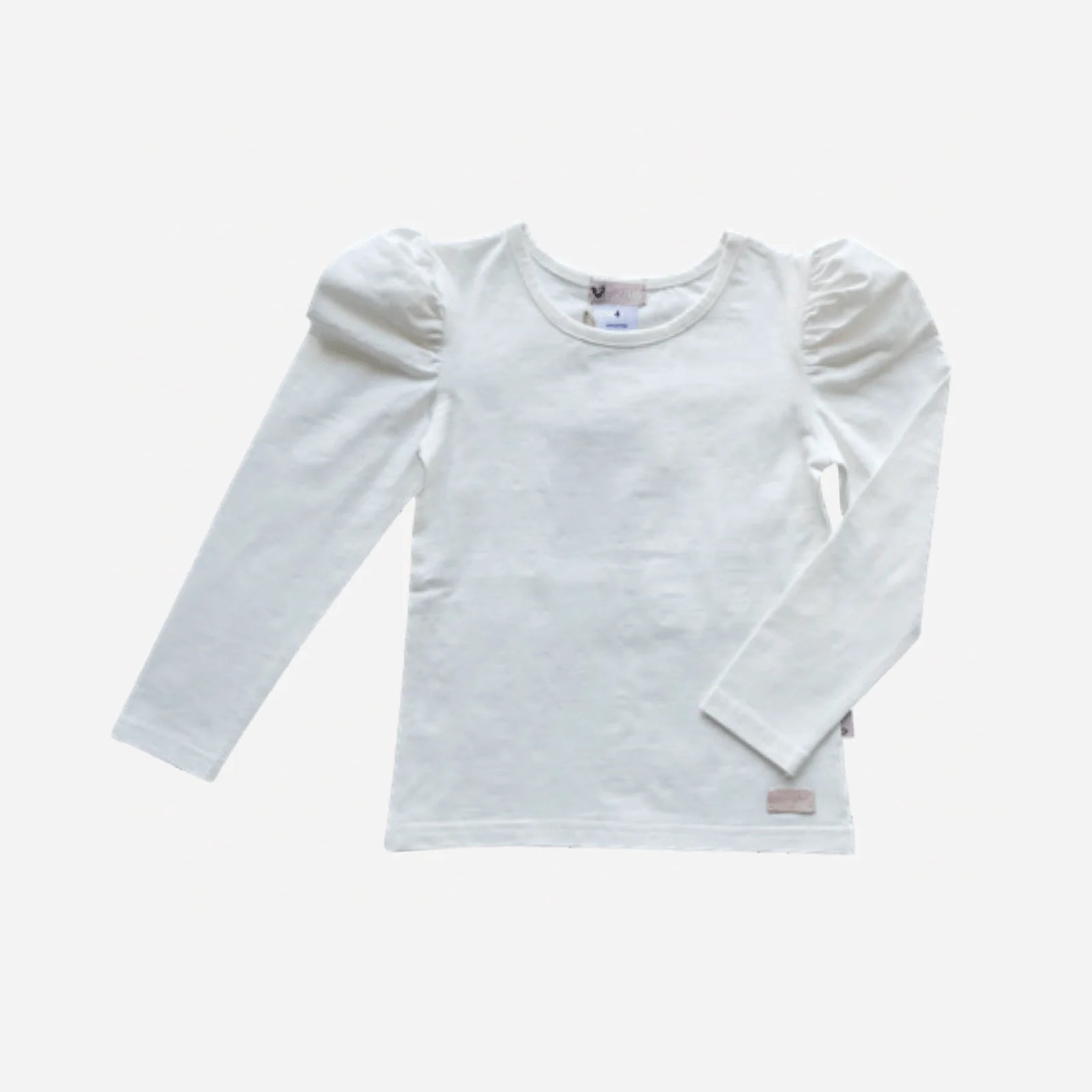 Love Henry Girl's Puff Sleeve Knit Top. White long-sleeve shirt on a light beige background