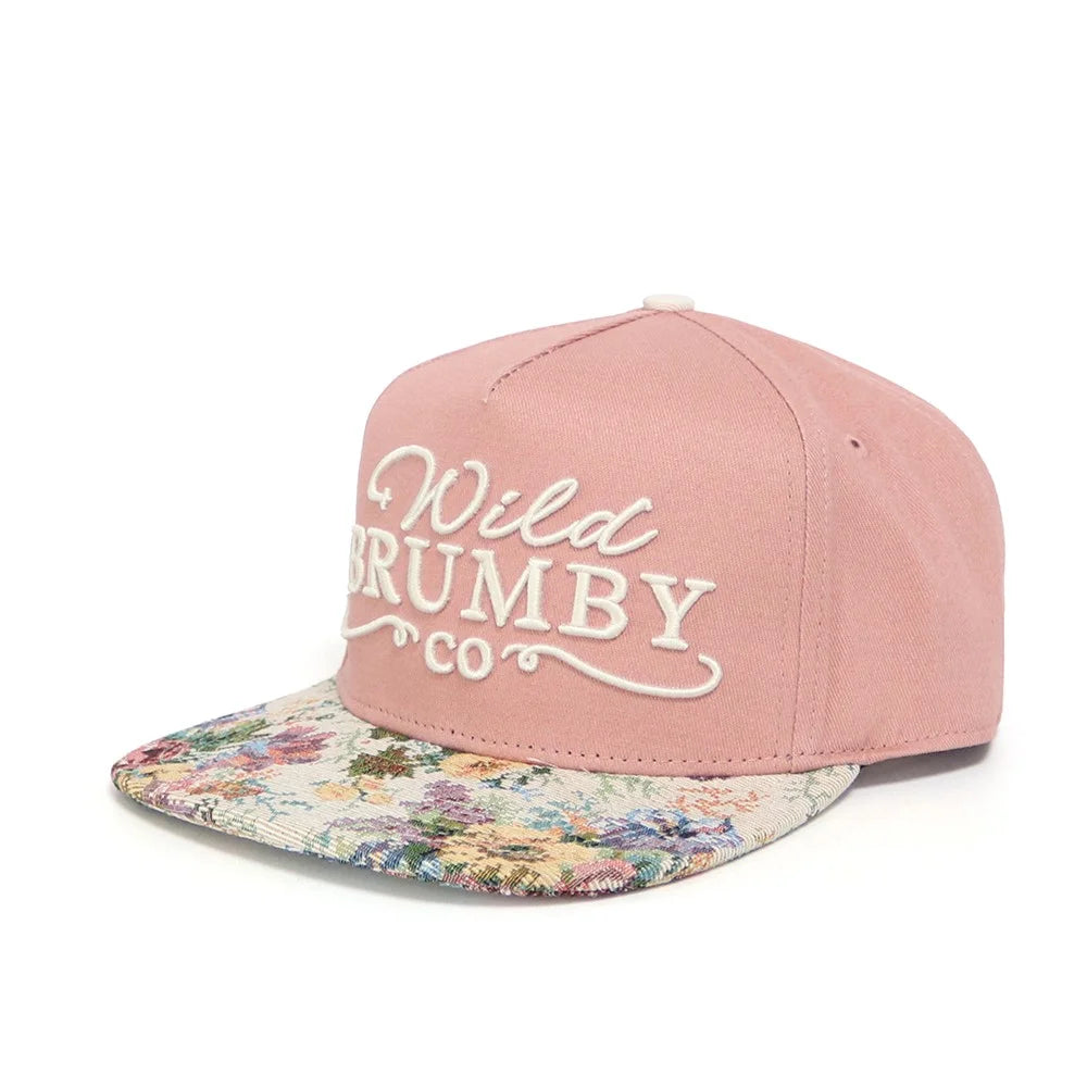 Pink cap with floral brim and 'Wild Brumby Co' text on a white background