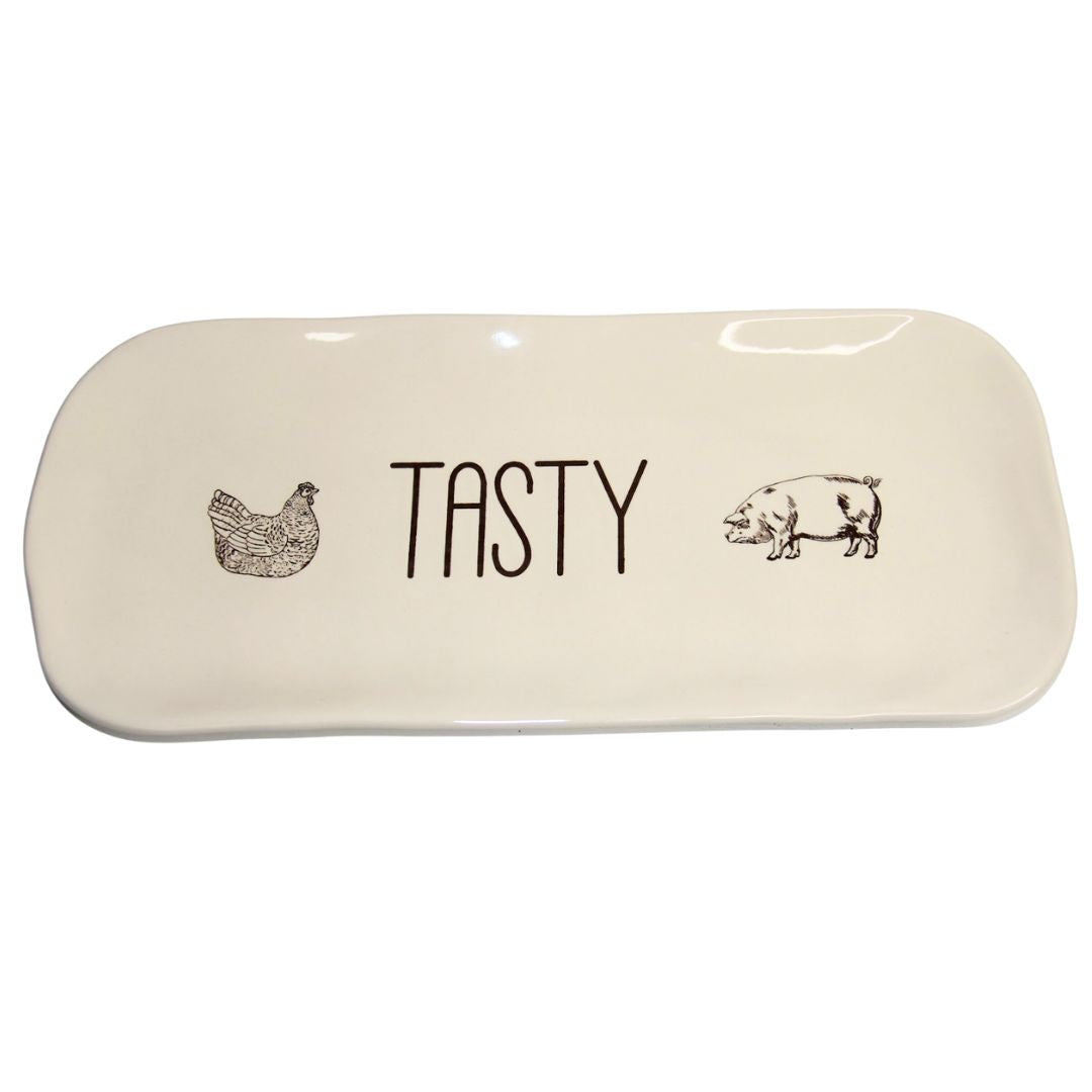 Farm Design Set of 2 Plates with Stand. Rectangular ceramic dish with 'TASTY' text and animal illustrations on a white background