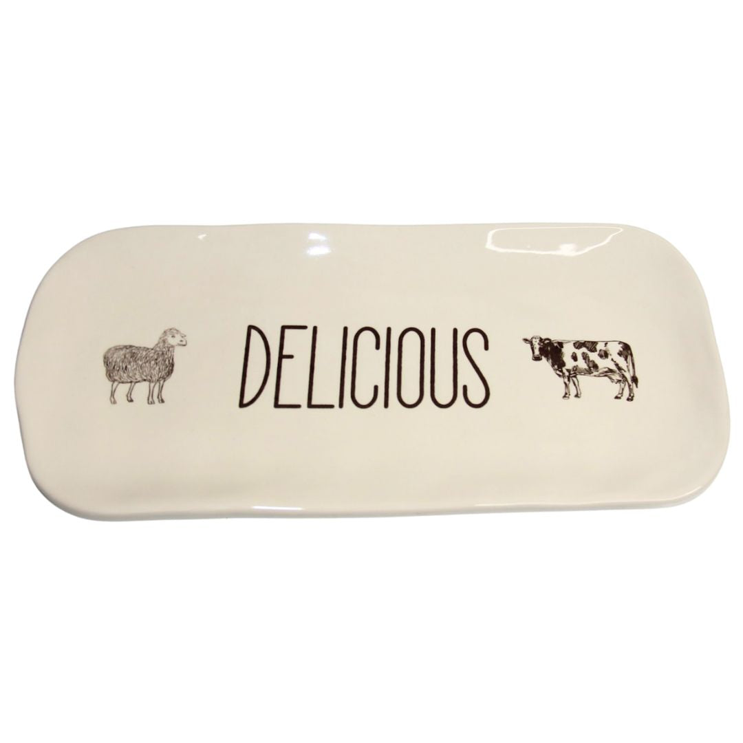 Farm Design Set of 2 Plates with Stand. Rectangular ceramic tray with 'DELICIOUS' text and animal illustrations on a white background