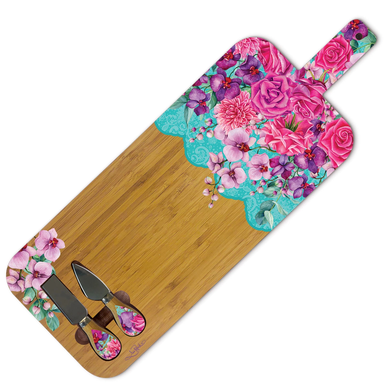 Lisa Pollock Rose Bouquet Large Platter. Floral-themed cutting board with knives on a white background