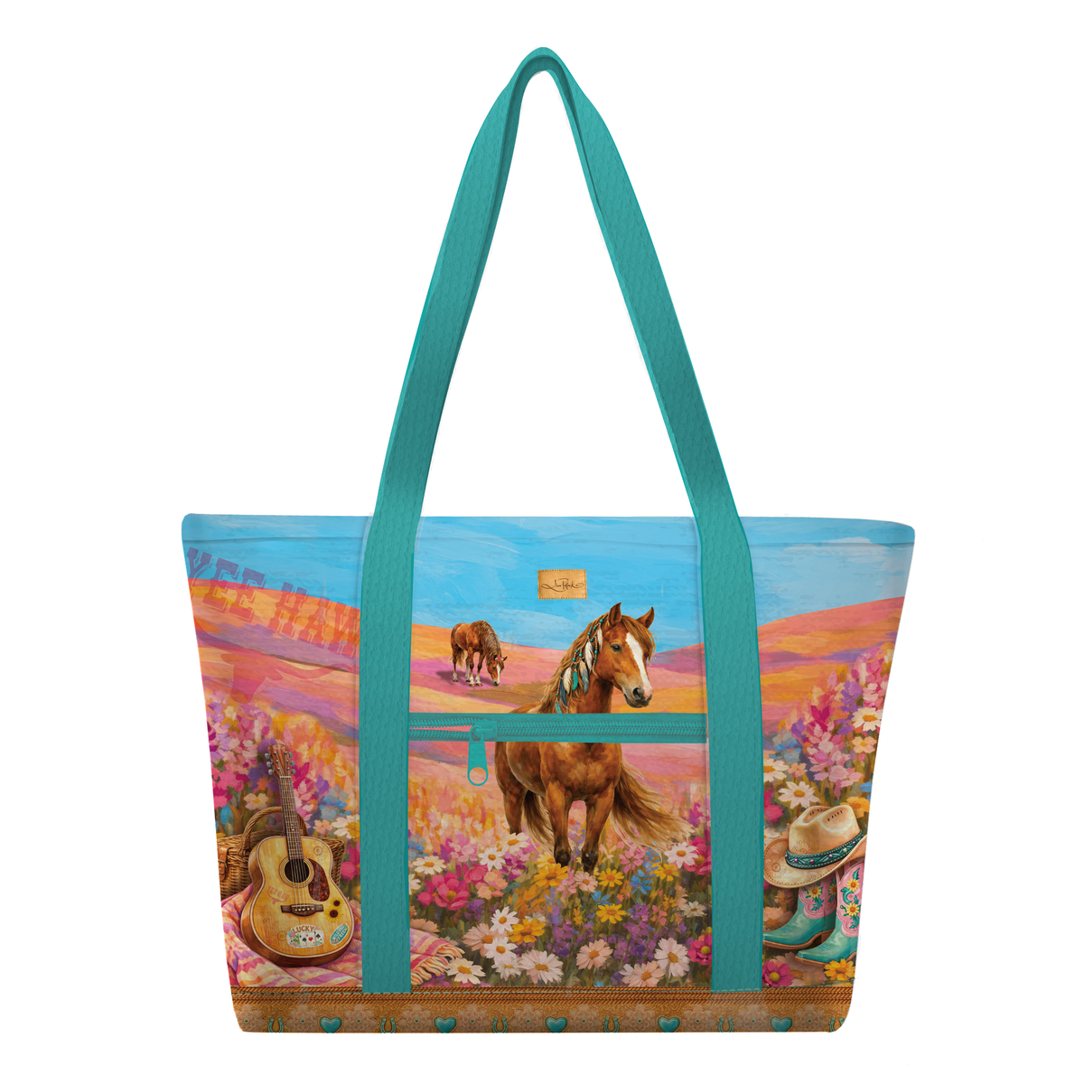 A tote bag featuring a colorful western-themed print with a brown horse, guitar, flowers, and a cowboy hat, accented by teal blue handles and trim, shown against a plain white background.