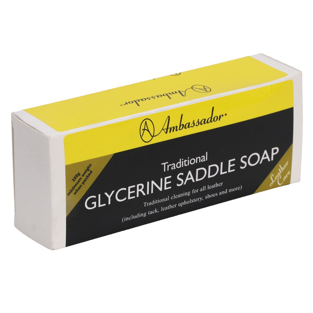 A box of Ambassador Glycerine Saddle Soap with yellow and black branding.