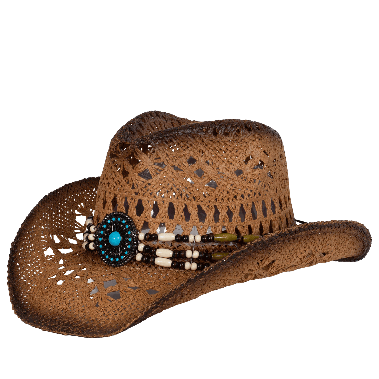 Brown cowboy hat with decorative beads on a white background
