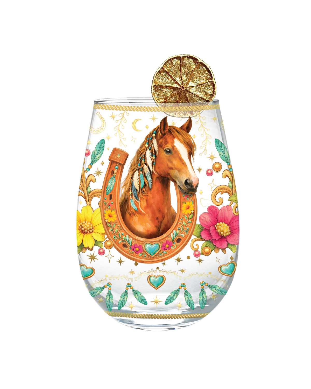 A stemless clear glass tumbler with a white printed design featuring a brown horse head inside a gold horseshoe, surrounded by colorful floral and decorative motifs. A dried orange slice garnish is placed on the rim.