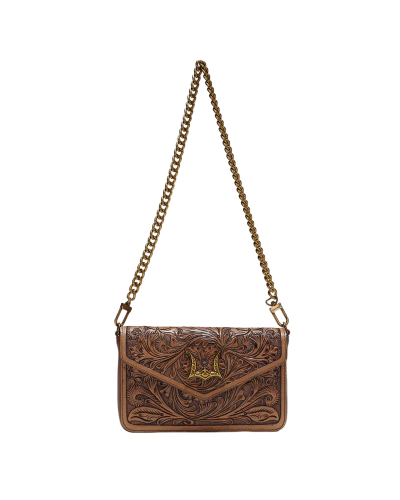Loyal West The On The Go Mini Chain Bag. Brown leather handbag with chain strap on a light gray background