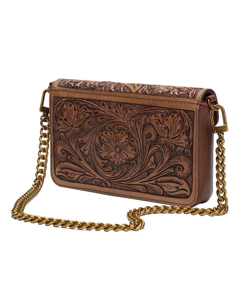 Loyal West The On The Go Mini Chain Bag. Brown leather handbag with gold chain strap on a white background