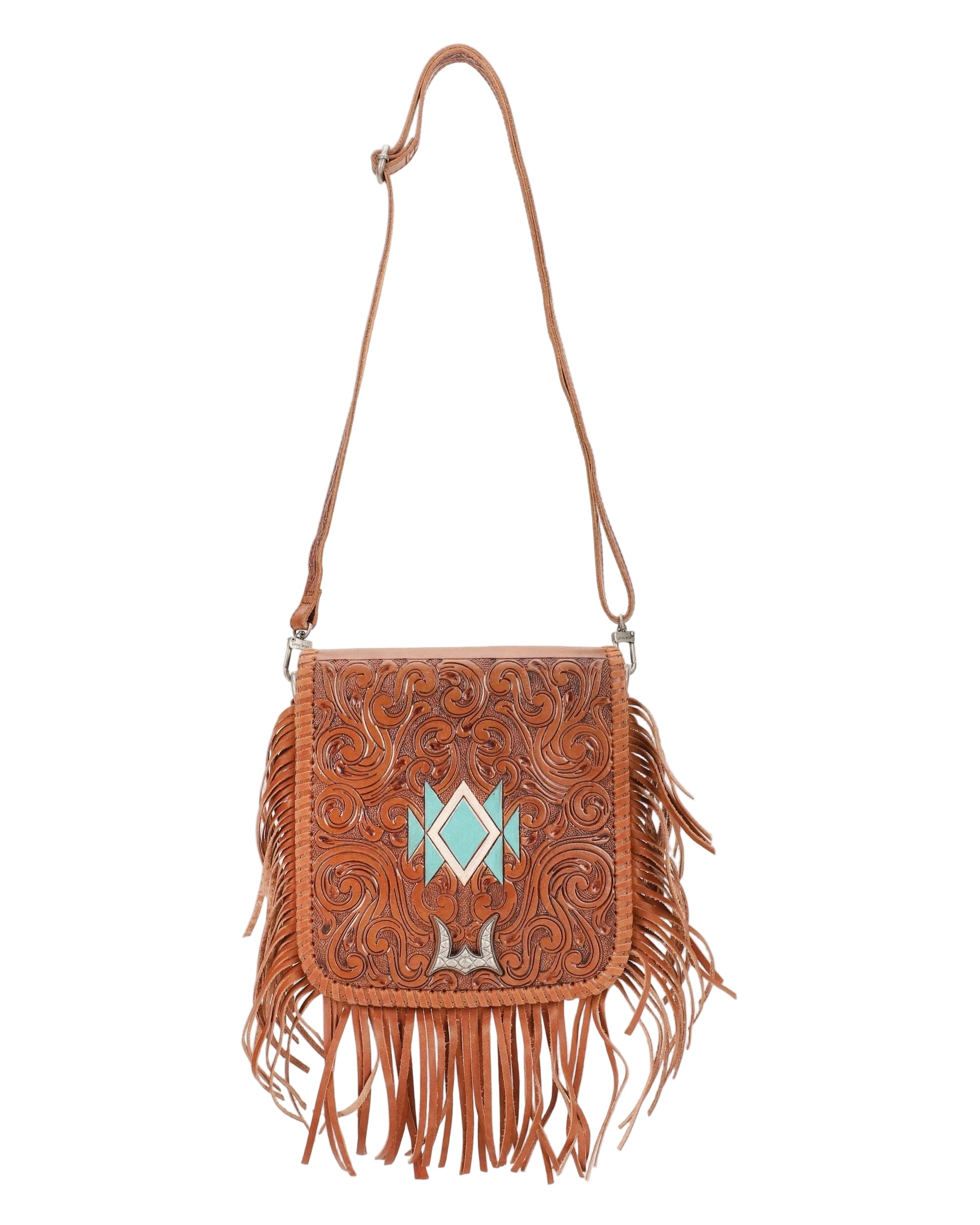 Loyal West Luciana Western Tassle Bag. Brown leather crossbody bag with fringe and geometric design on a white background