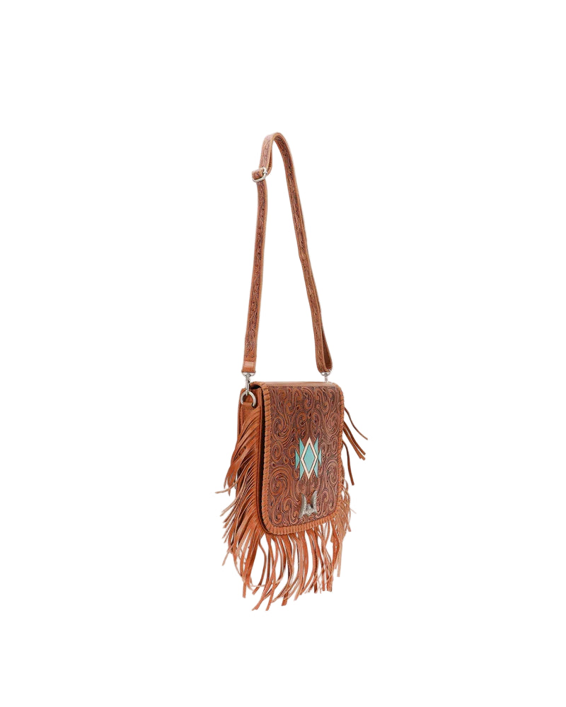 Loyal West Luciana Western Tassle Bag. Brown leather crossbody bag with fringe and embroidery on a white background