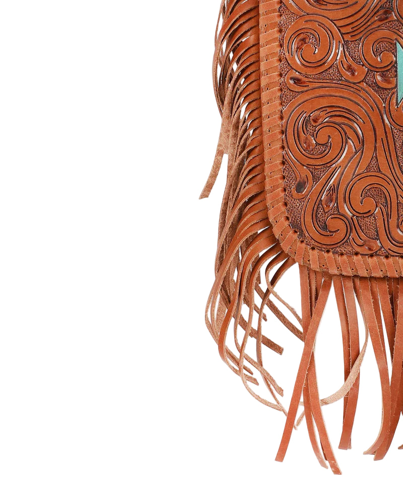 Loyal West Luciana Western Tassle Bag. Brown leather bag with intricate patterns and fringes on a white background