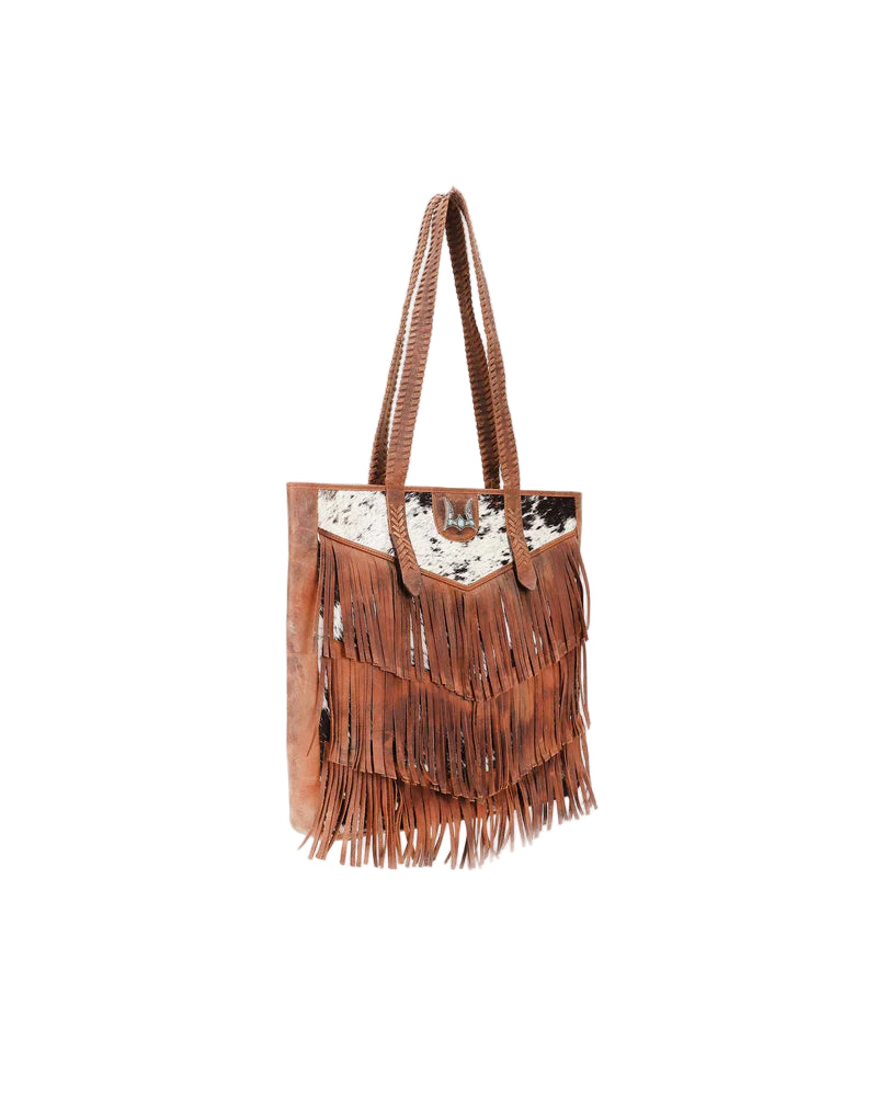 Loyal West Hide And Fringe Large Cowhide Western Handbag. Brown fringe handbag with white interior on a light gray background