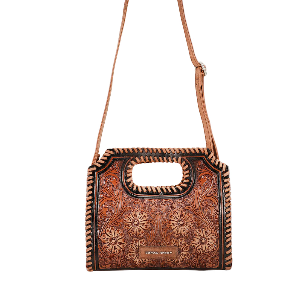 Loyal West Alma Medium Western Handbag. Brown leather handbag with intricate patterns on a white background