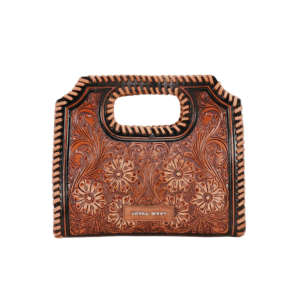 Loyal West Alma Medium Western Handbag. Handcrafted leather bag with intricate floral patterns on a white background