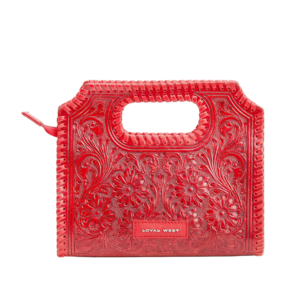 Loyal West Alma Medium Red Western Handbag. Red embossed handbag with &#39;ROYAL WEST&#39; label on a white background