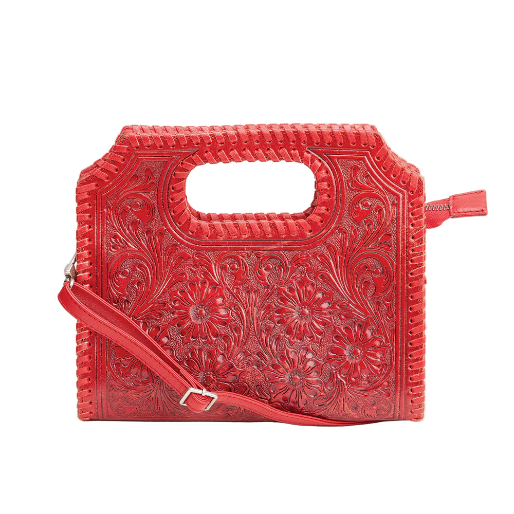 Loyal West Alma Medium Red Western Handbag. Red handbag with intricate floral patterns on a white background
