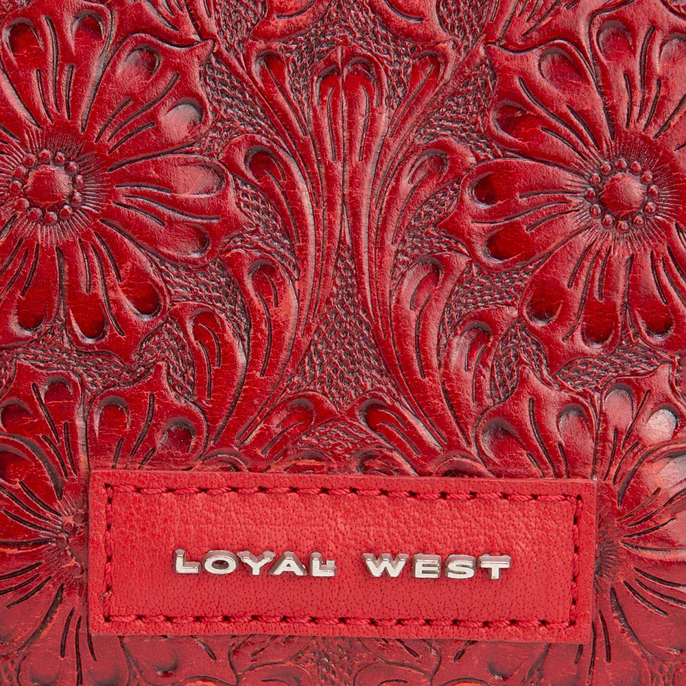 Loyal West Alma Medium Red Western Handbag. Red leather product with floral embossing and 'LOYAL WEST' label