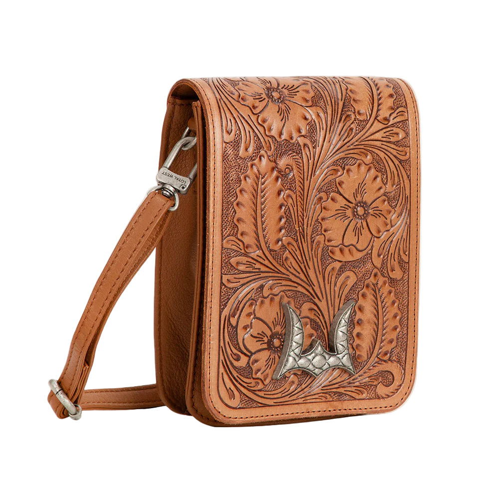 Loyal West Drover Mini Brown Western Bag. Brown leather crossbody bag with intricate floral tooling on a light gray background