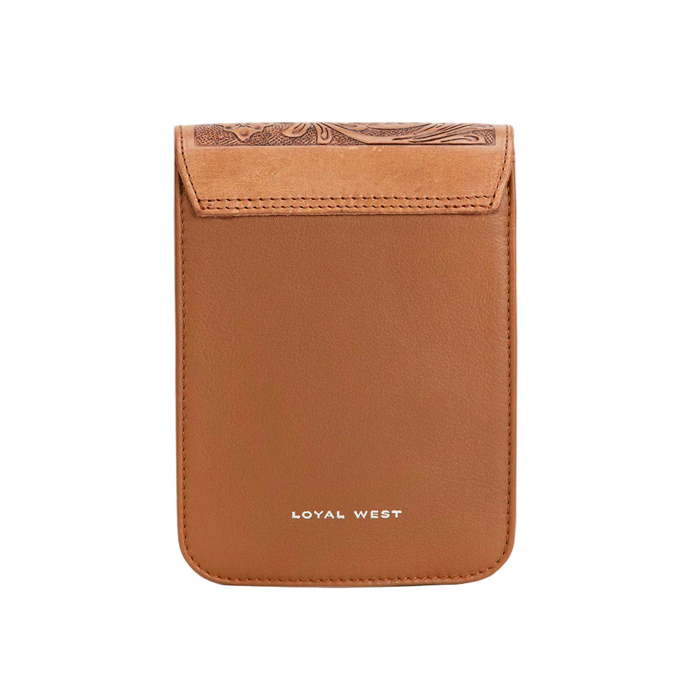 Loyal West Drover Mini Brown Western Bag. Brown leather phone case with 'Loyal West' branding on a white background
