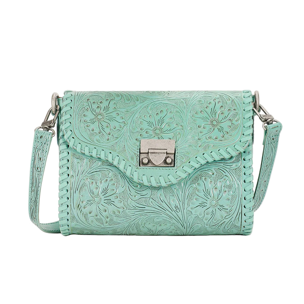 Loyal West Daisy Mini Western Bag. Mint green handbag with floral patterns on a white background