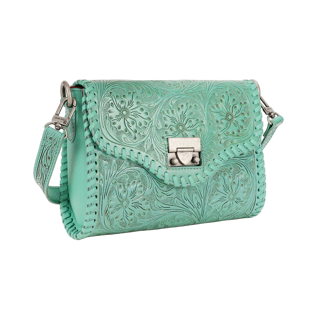 Loyal West Daisy Mini Western Bag. Mint green handbag with floral patterns on a white background