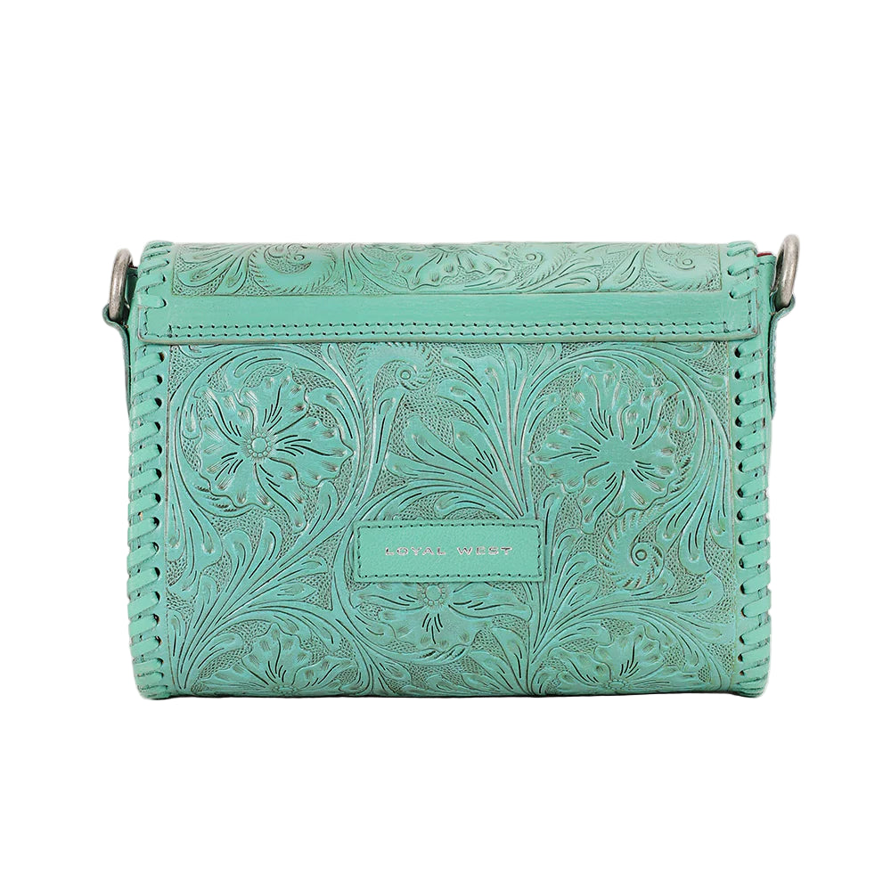 Loyal West Daisy Mini Western Bag. Turquoise handbag with floral patterns on a white background