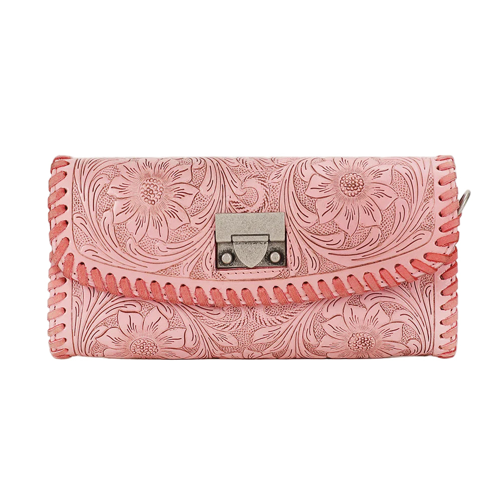 Loyal West Elena Mini Western Bag. Pink leather wallet with floral patterns on a white background