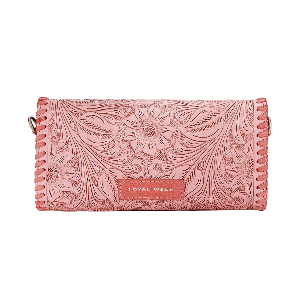 Loyal West Elena Mini Western Bag. Pink leather wallet with floral patterns and 'Loyal West' branding on a white background