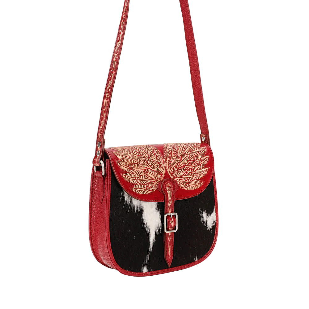 Loyal West Aurelia Mini Western Handbag. Red and black patterned handbag with a strap on a white background