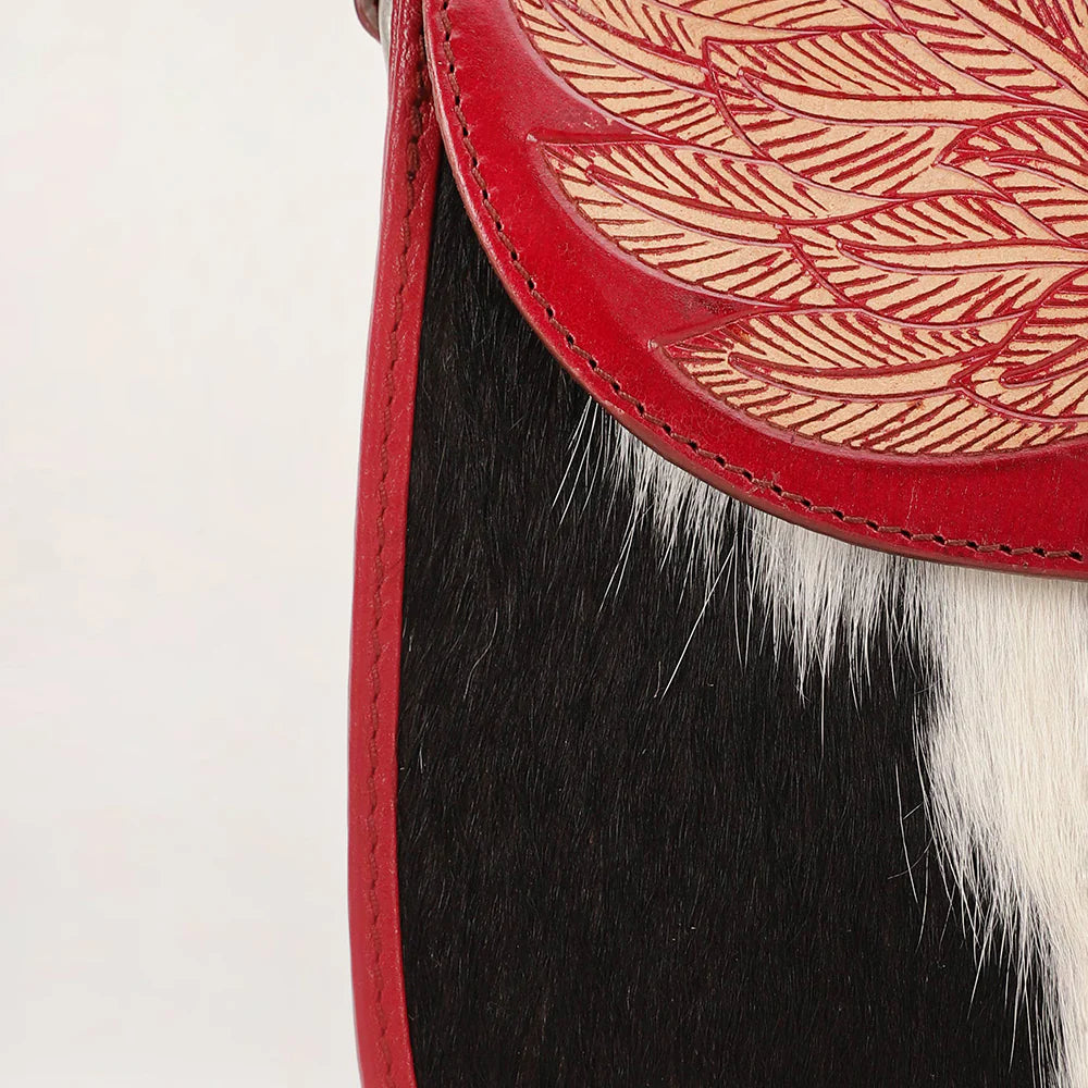 Loyal West Aurelia Mini Western Handbag. Close-up of a red leather bag with feather pattern and fur texture.