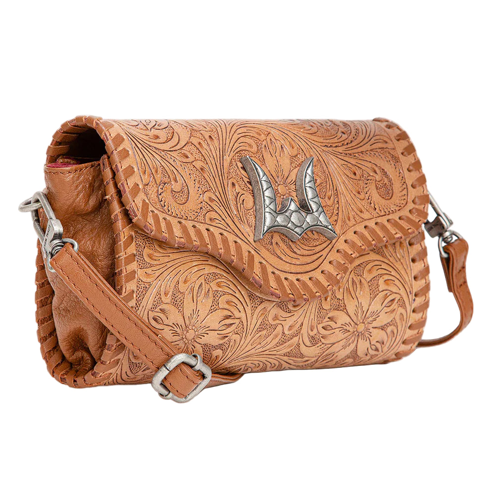 Loyal West Palomino Mini Western Purse. Brown leather handbag with intricate patterns and silver concho on a white background