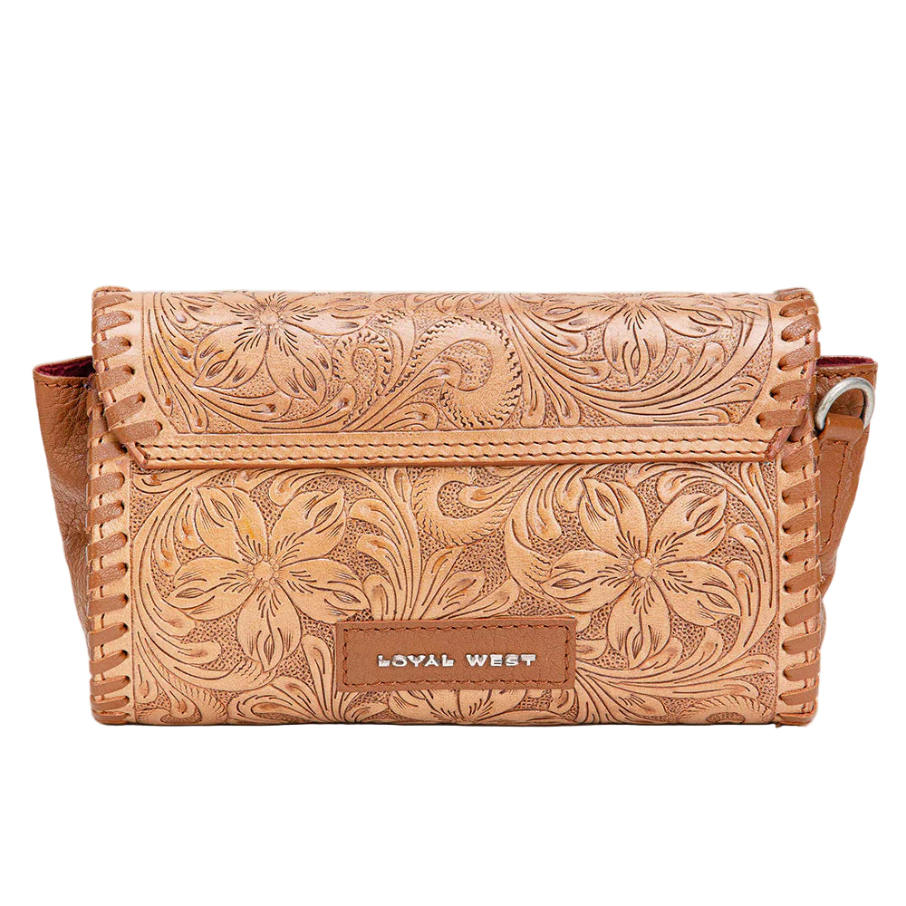 Loyal West Palomino Mini Western Purse. Brown leather clutch with floral patterns and 'Loyal West' branding on a white background