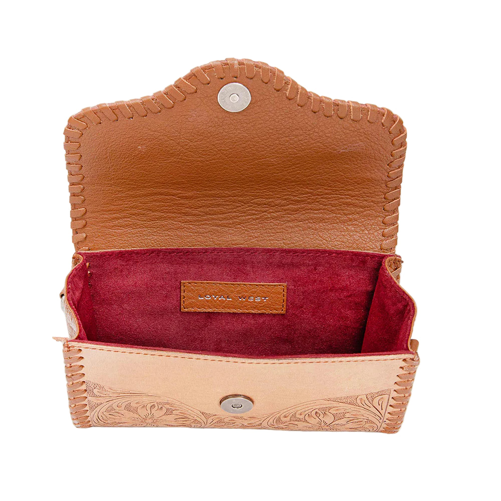 Loyal West Palomino Mini Western Purse. Brown leather wallet with red interior on a white background